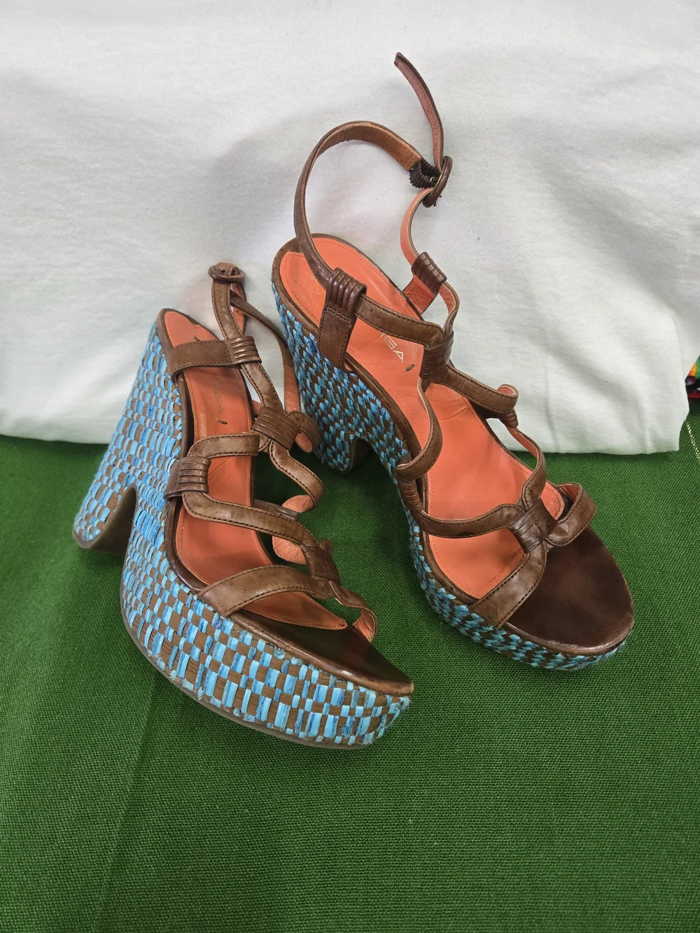 Via Spiga Brown Leather Strappy Platforms with Turquoise Woven Heel